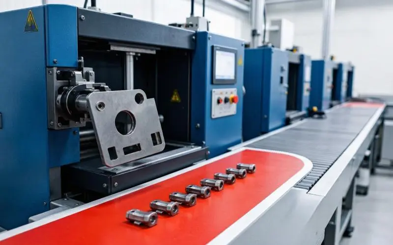 Inspection station on an automated deburring line with reject parts separated on a red conveyor lane