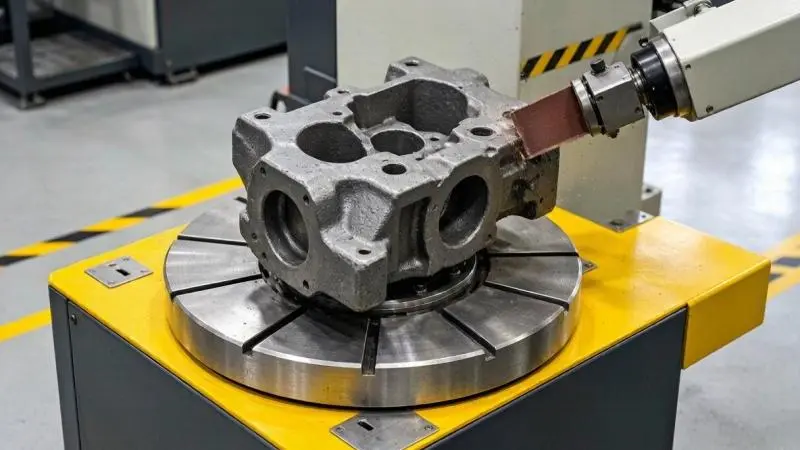 Máquina de desbarbado procesando una pieza de fundición de hierro gris
