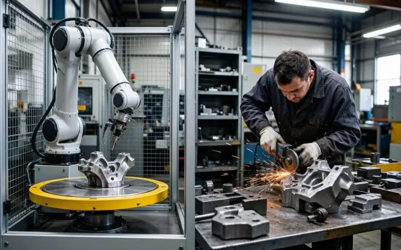 Robotic deburring cell versus manual grinding station in a foundry