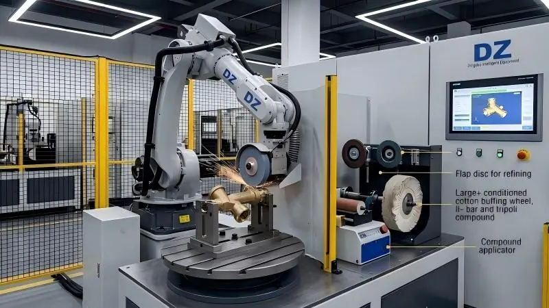Two-in-one grinding and polishing machine finishing a stainless sanitary fitting on a single rotary table