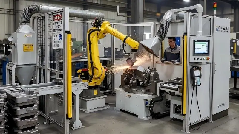 Robotic grinding cell with 6-axis arm removing flash from a gray iron casting inside a safety enclosure