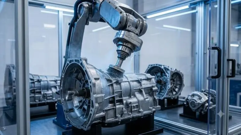 Close-up of a rotary brush deburring station cleaning flash from an aluminum die-cast electronic enclosure