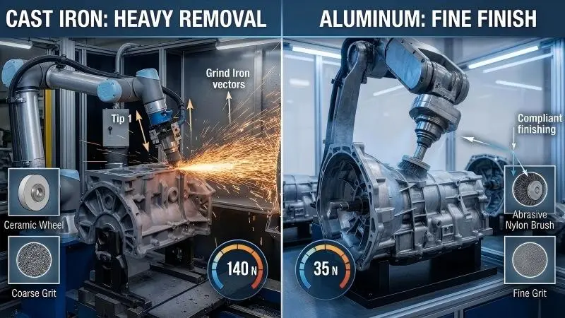 Heavy material removal on cast iron versus high-compliance grinding on aluminum