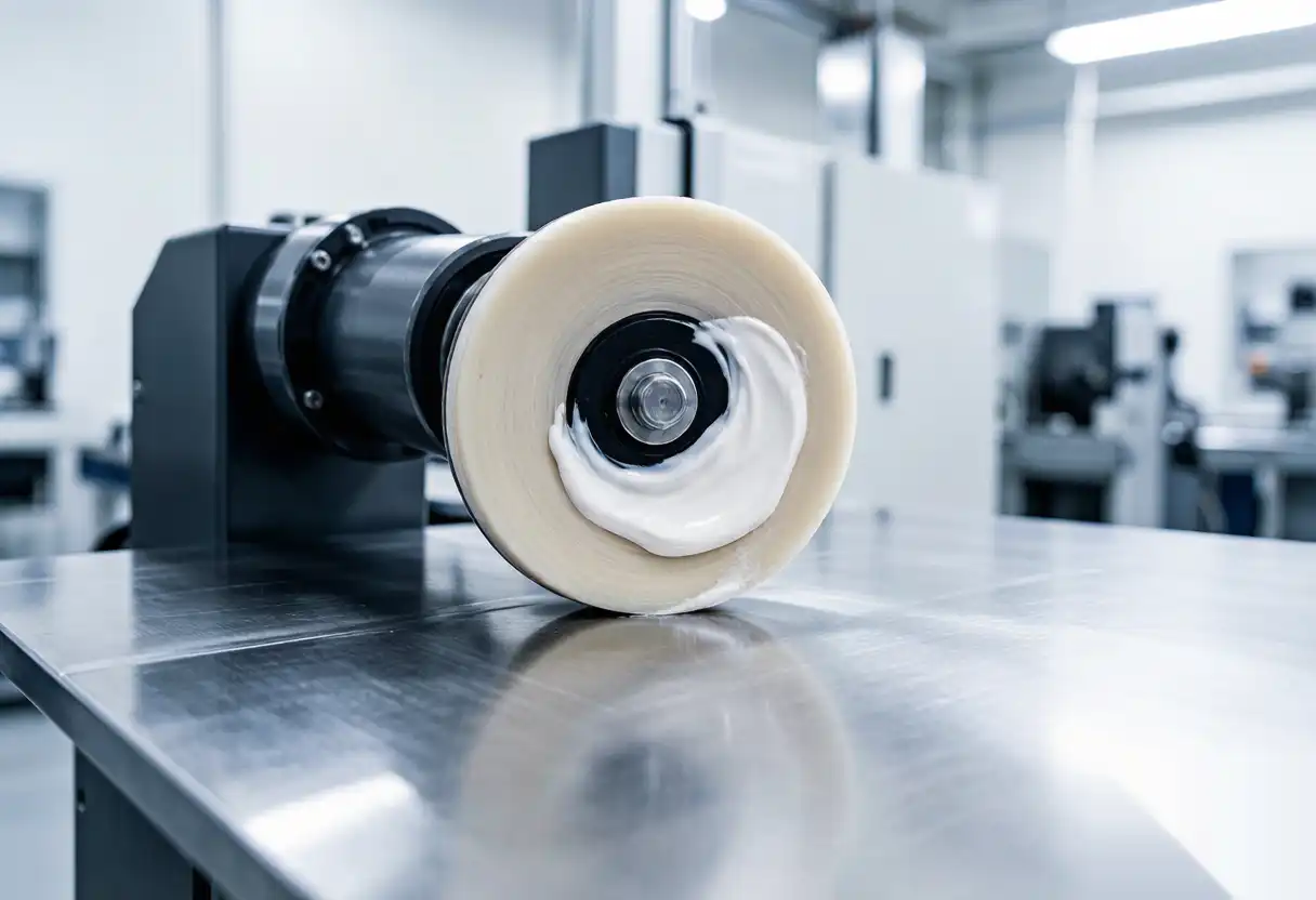 Pieza de metal pulida en espejo que refleja la luz en una celda robótica automatizada