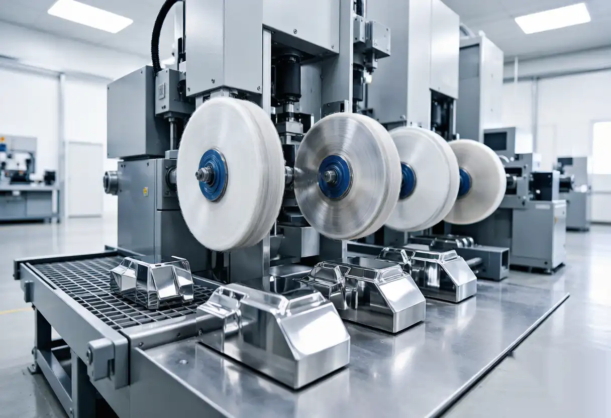 Automated mirror polishing machine in action performing fine surface grinding and buffing.