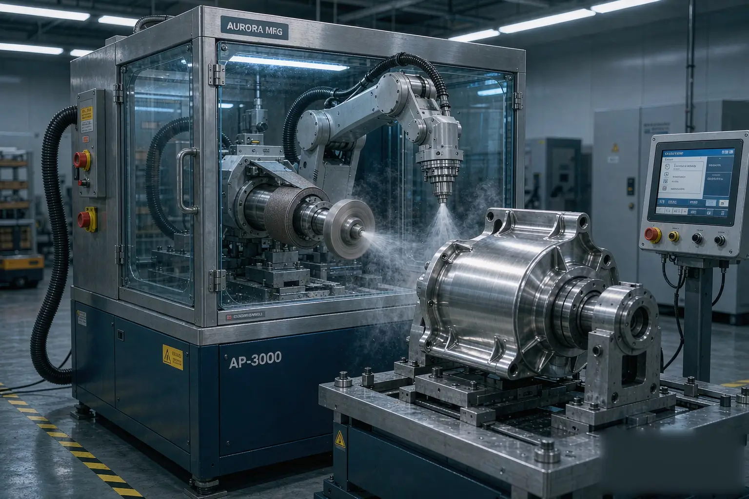 Robotic grinding and polishing cell finishing a stainless steel casting