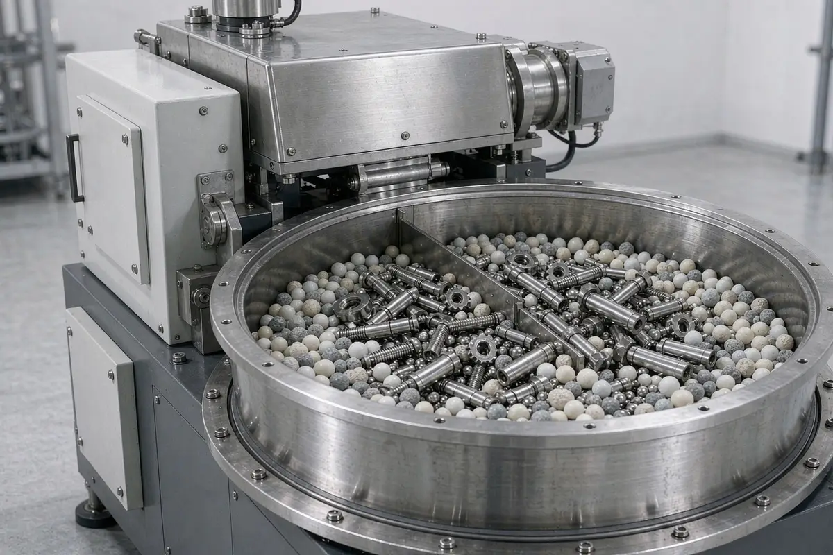 Industrial shot blasting machine cabinet cleaning metal parts on a roller conveyor