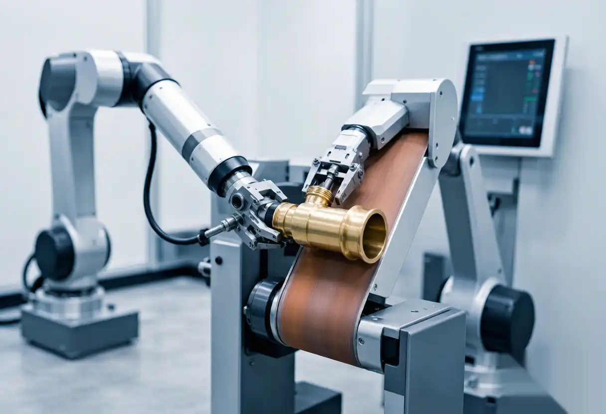 Precision robotic grinding cell processing complex contours of sanitary hardware components