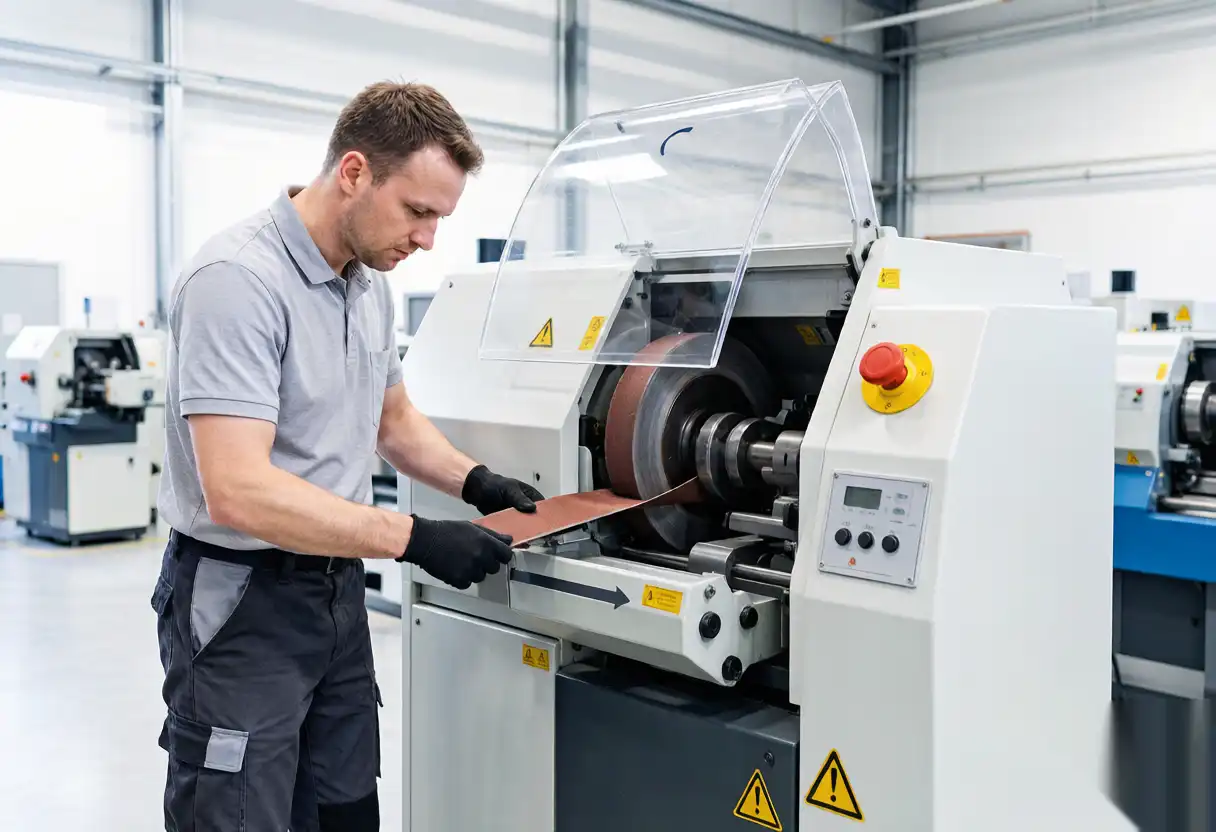 Technician performing preventive maintenance on an industrial grinding machine to maximize uptime.