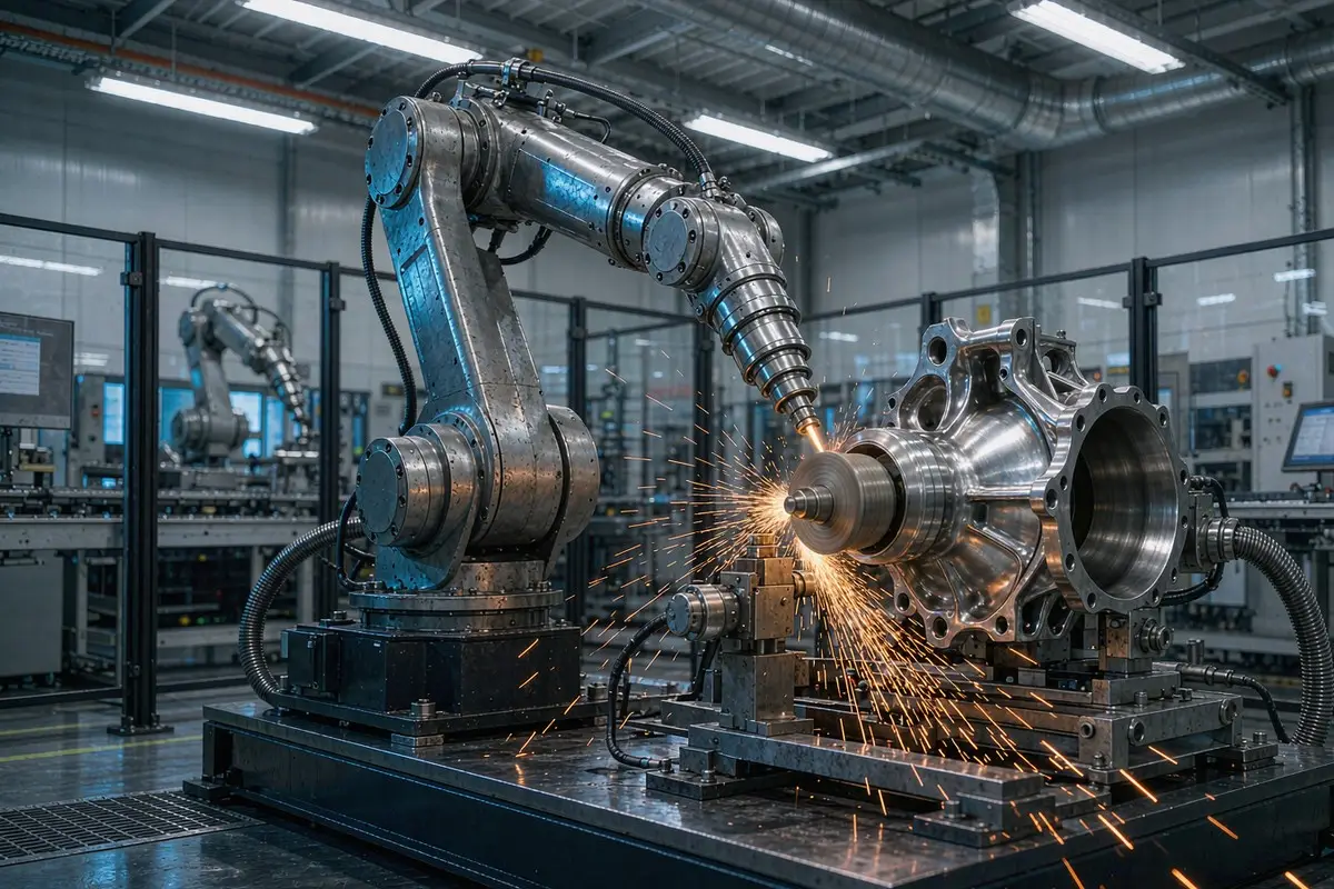Robotic grinding machine finishing a metal part