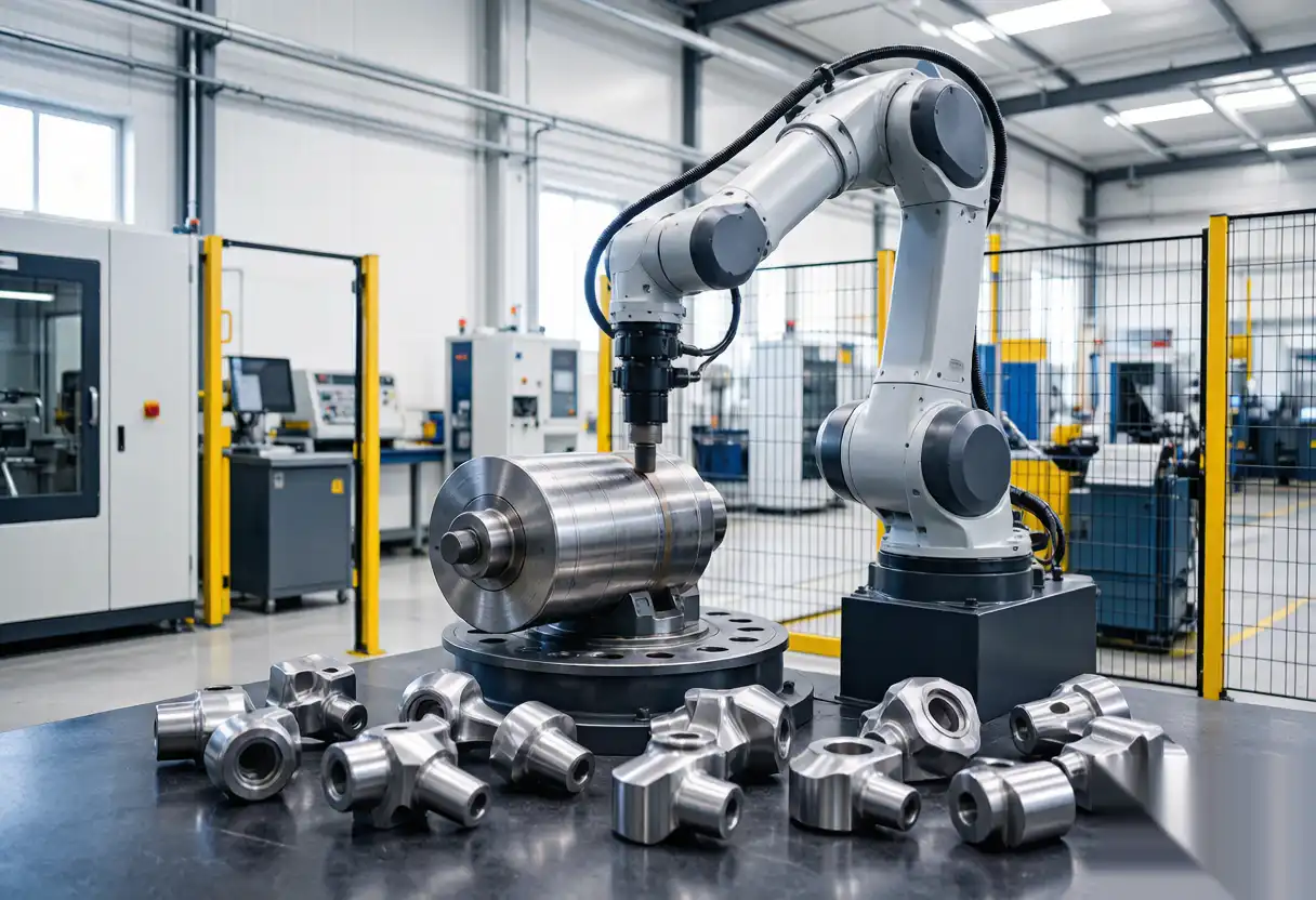 Automated robotic grinding cell maintaining precise quality control across mass-produced metal parts.