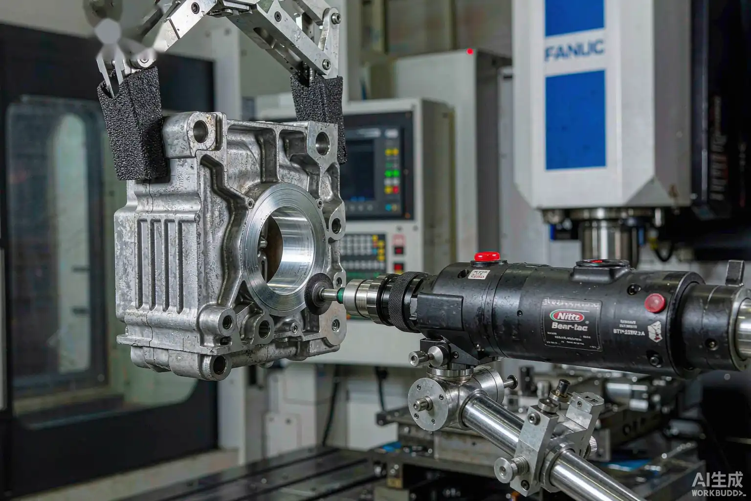 Robot realizando desbarbado en una pieza de fundición de aluminio con herramienta de husillo