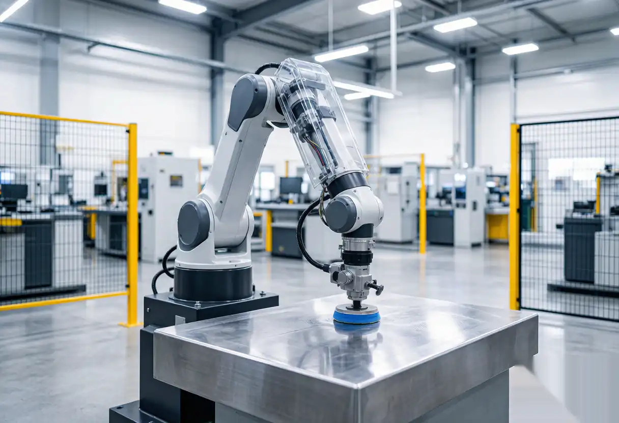 6-axis industrial polishing robot arm performing high-precision surface finishing on complex metal components.