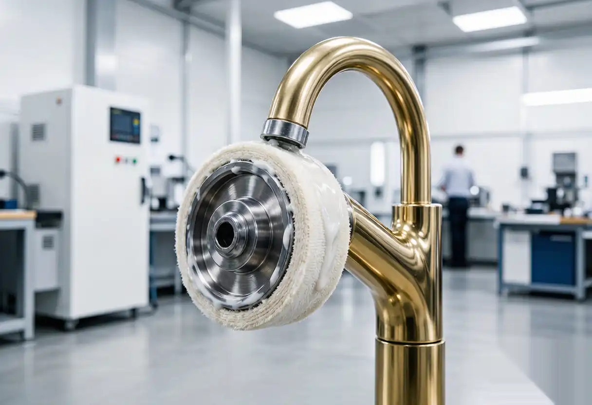 Brass faucet body held on an automated rotary table polishing station