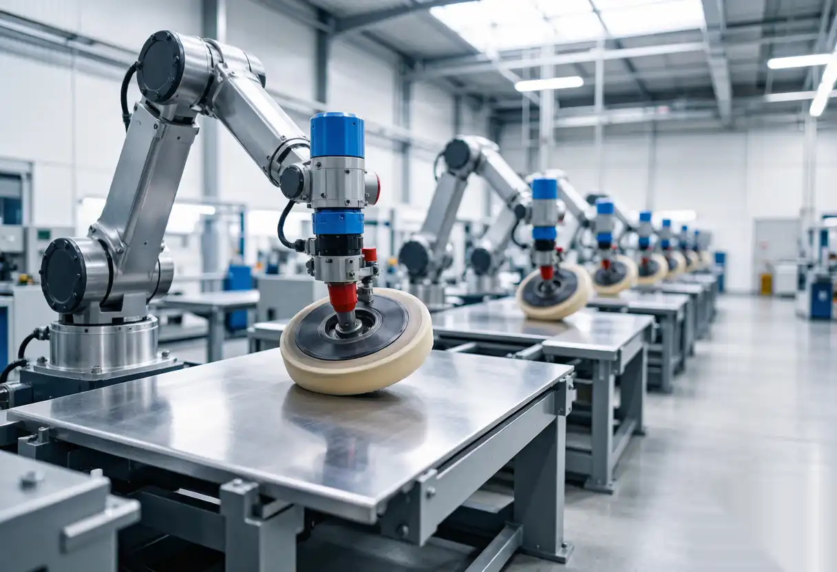 Infographic showing the key benefits and ROI of using robotic buffing machines for metal finishing