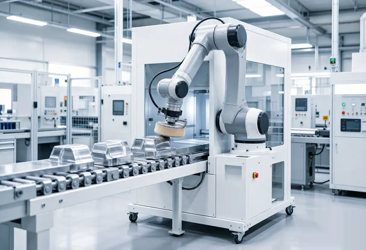 Robotic polishing machine utilizing force control to finish complex metal parts automatically.