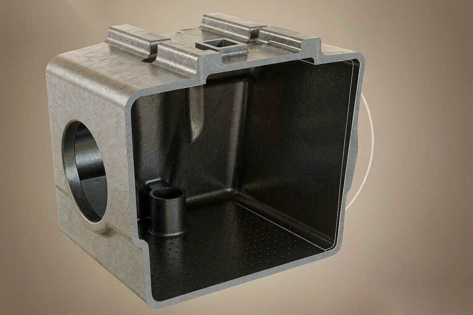 Aluminum die-cast housing with drafted side walls and machined bore