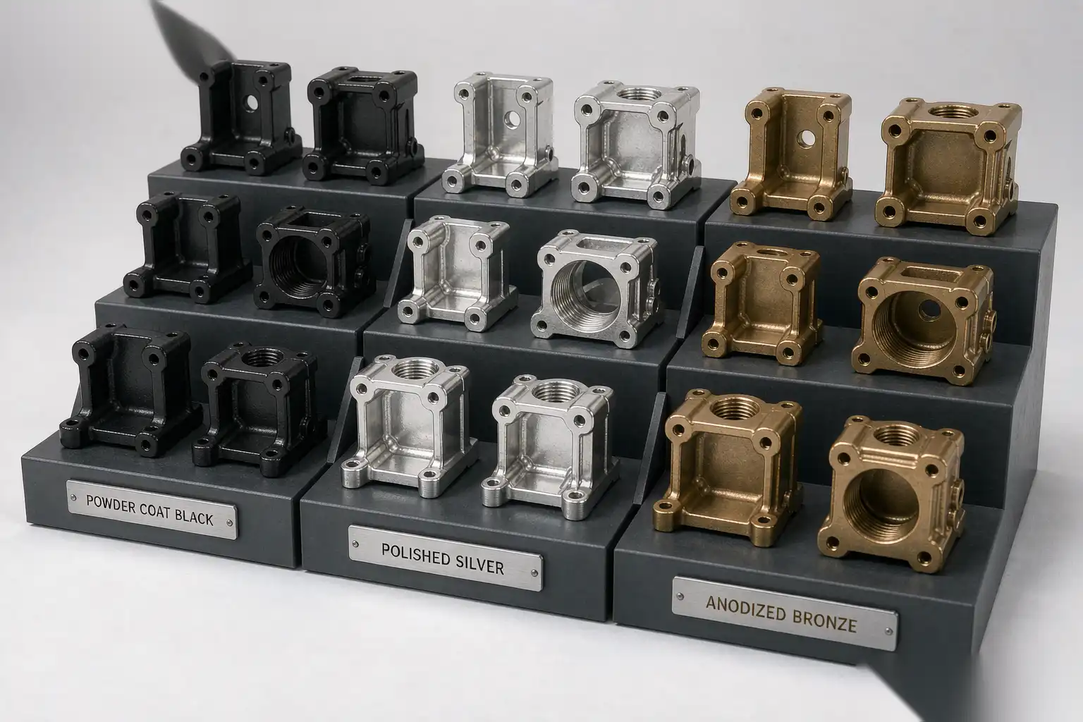 Machined valve and pump bodies after finishing operations