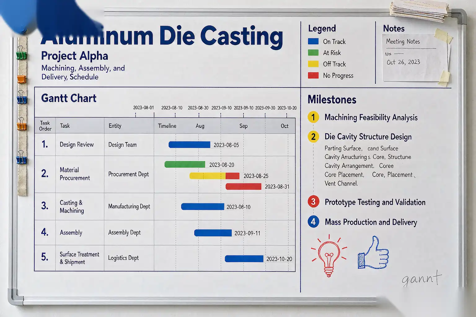Project schedule and lead time breakdown chart for a die-casting order
