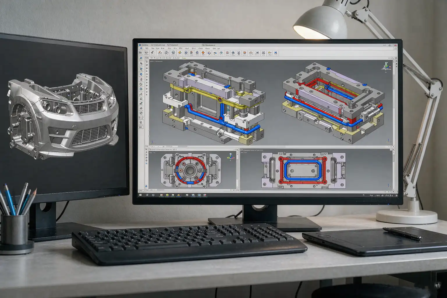 CAD screen showing aluminum die casting mold design with cooling lines