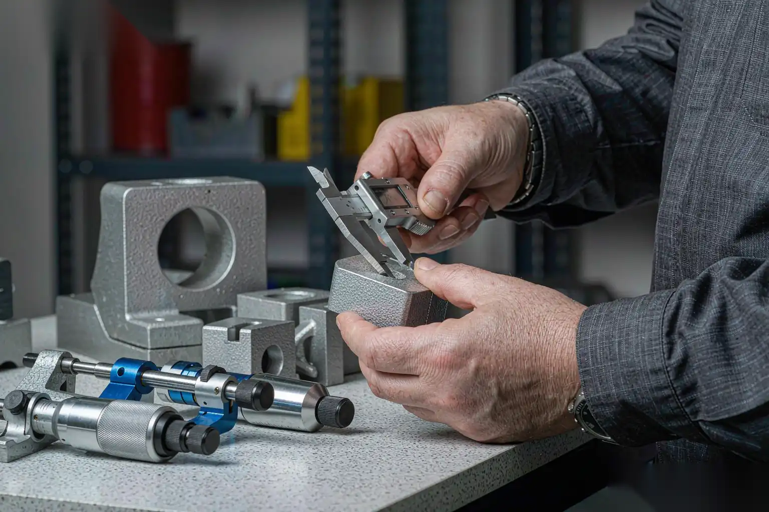Quality technician inspecting die cast aluminum parts on a bench