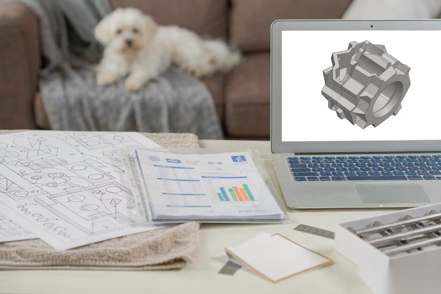 Printed technical documents and a CAD model of a die-cast part beside a laptop