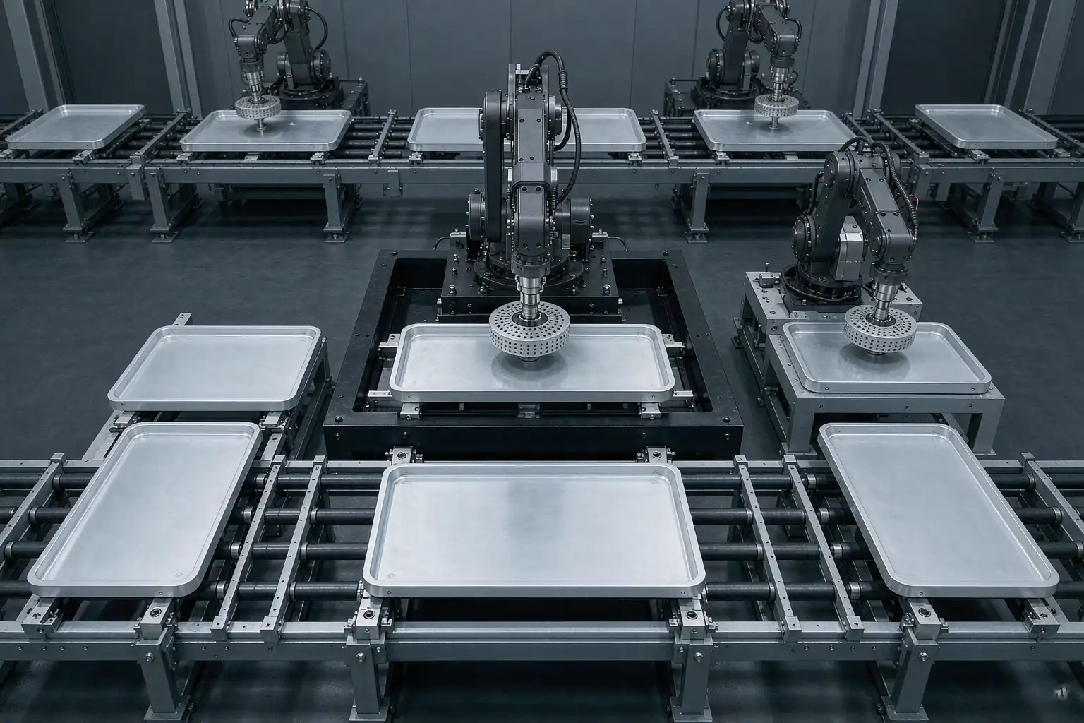 Automated aluminum die casting finishing line with robotic deburring and polishing cells