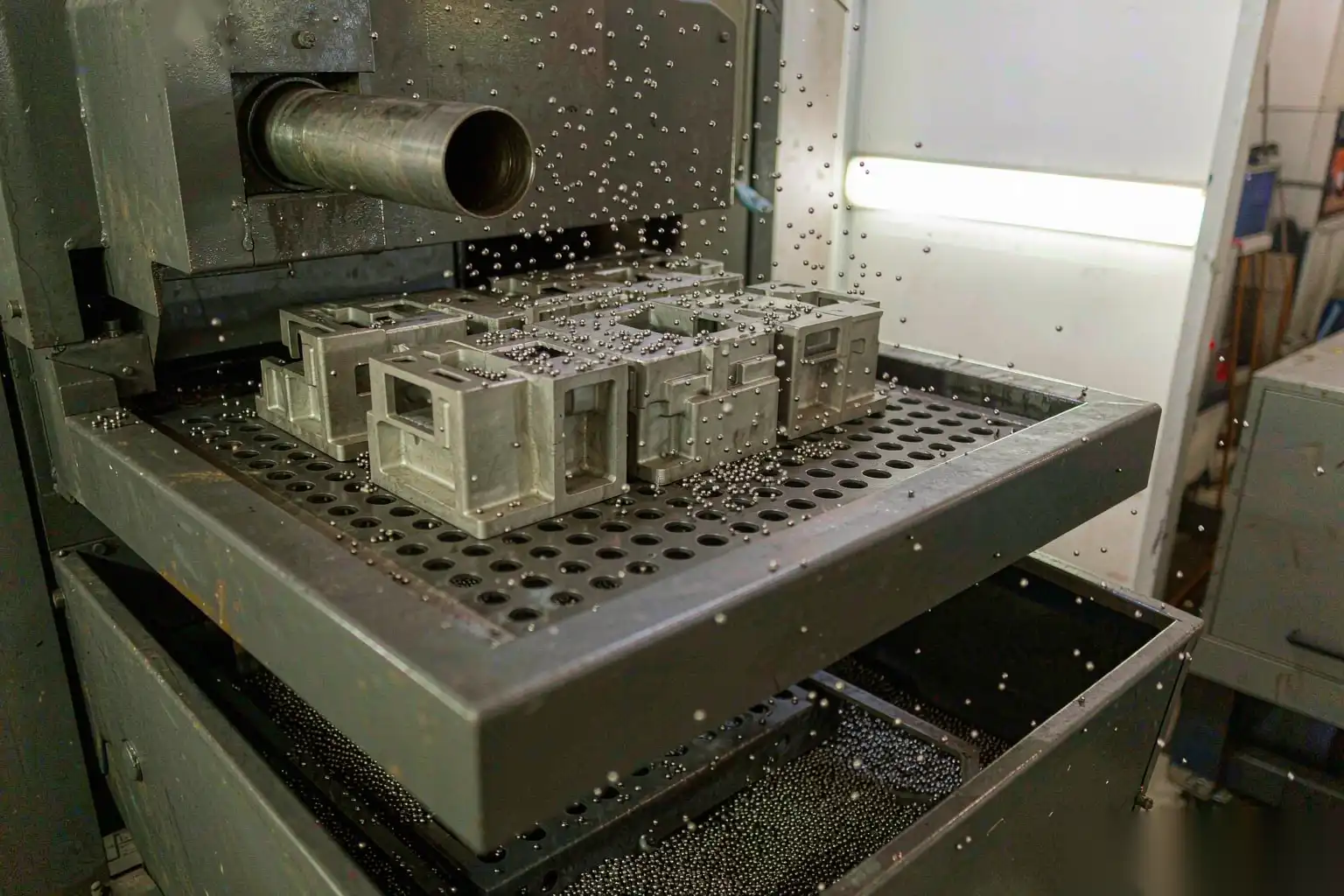 Cabina de chorreado a presión procesando piezas de aluminio fundido a presión en una mesa giratoria