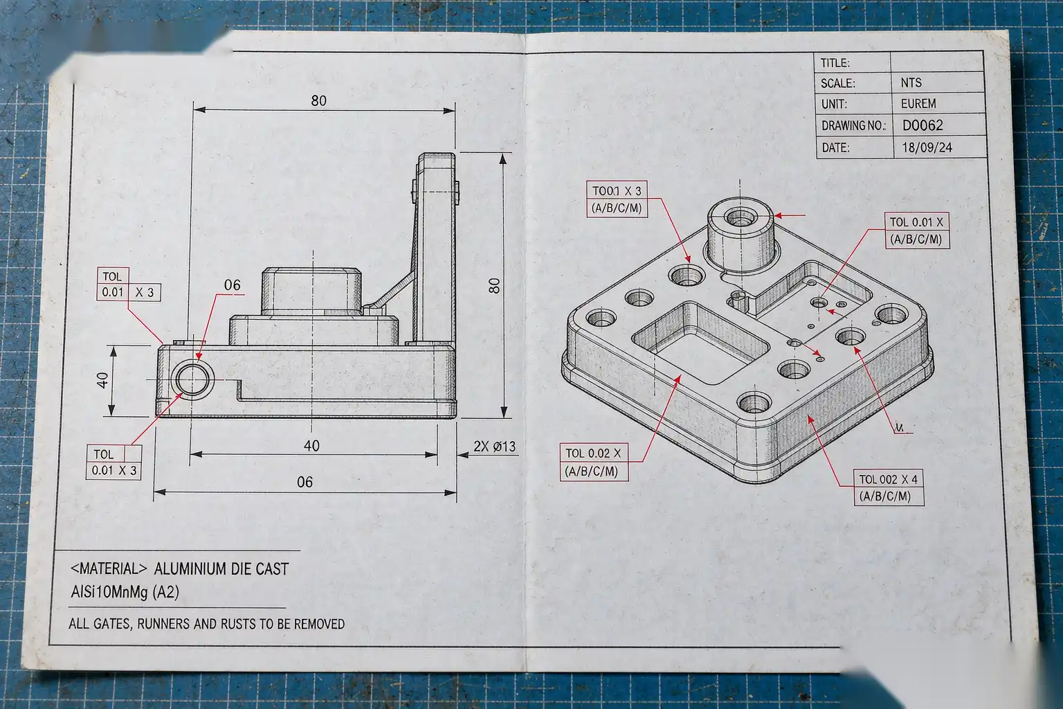 Close-up of a die cast aluminum part showing tolerance callouts on engineering drawing