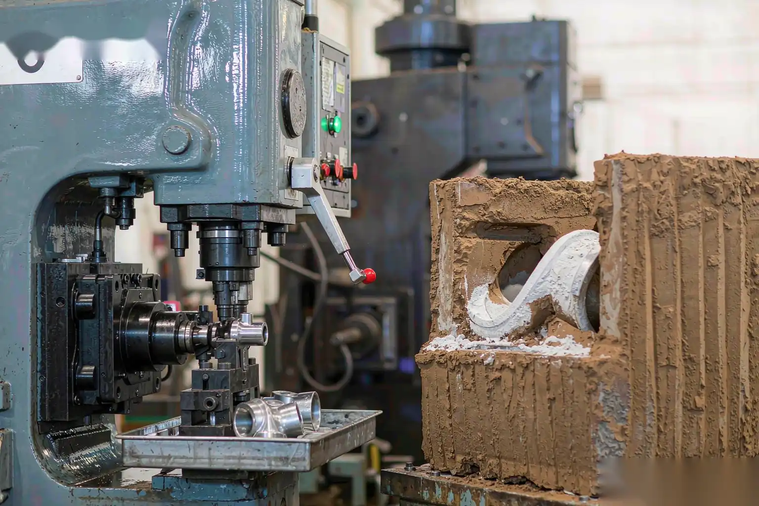 Die casting machine and sand casting mold side by side in a foundry