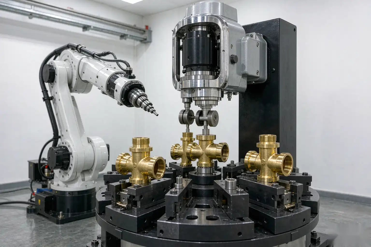 Robotic polishing cell finishing brass angle valve bodies to a uniform bright surface