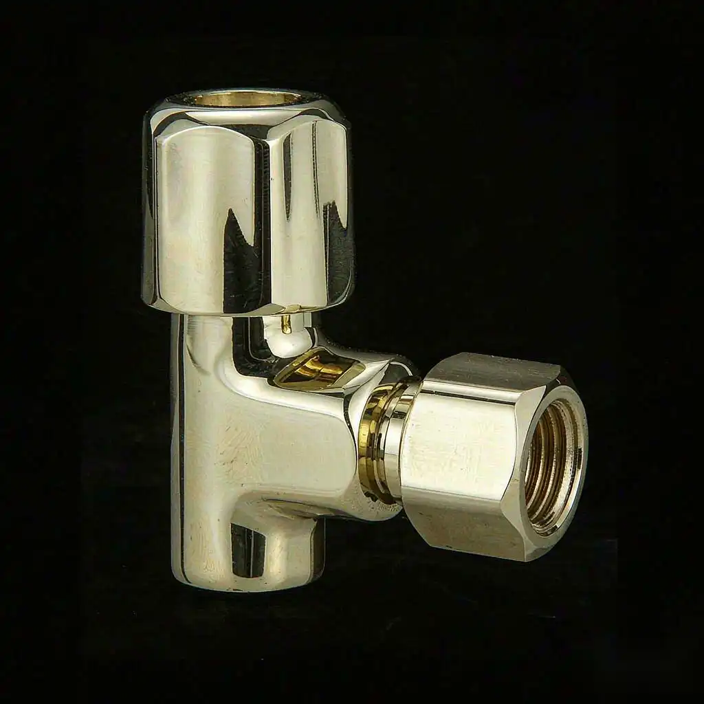 Finished brass angle valve body showing uniform bright polish on all faces