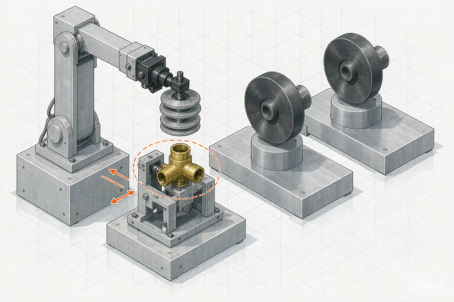 Diagram of a robotic polishing cell with fixture rotation presenting an angle valve to staged buffing wheels