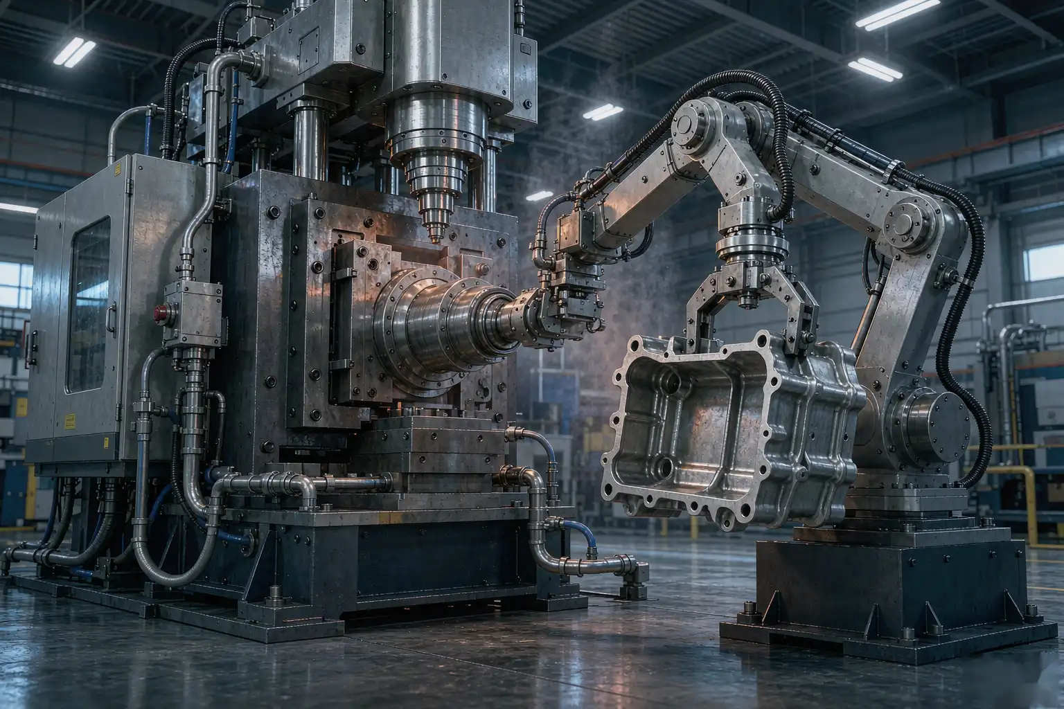 Automatic high pressure die casting machine with robotic extraction and integrated cooling in a foundry
