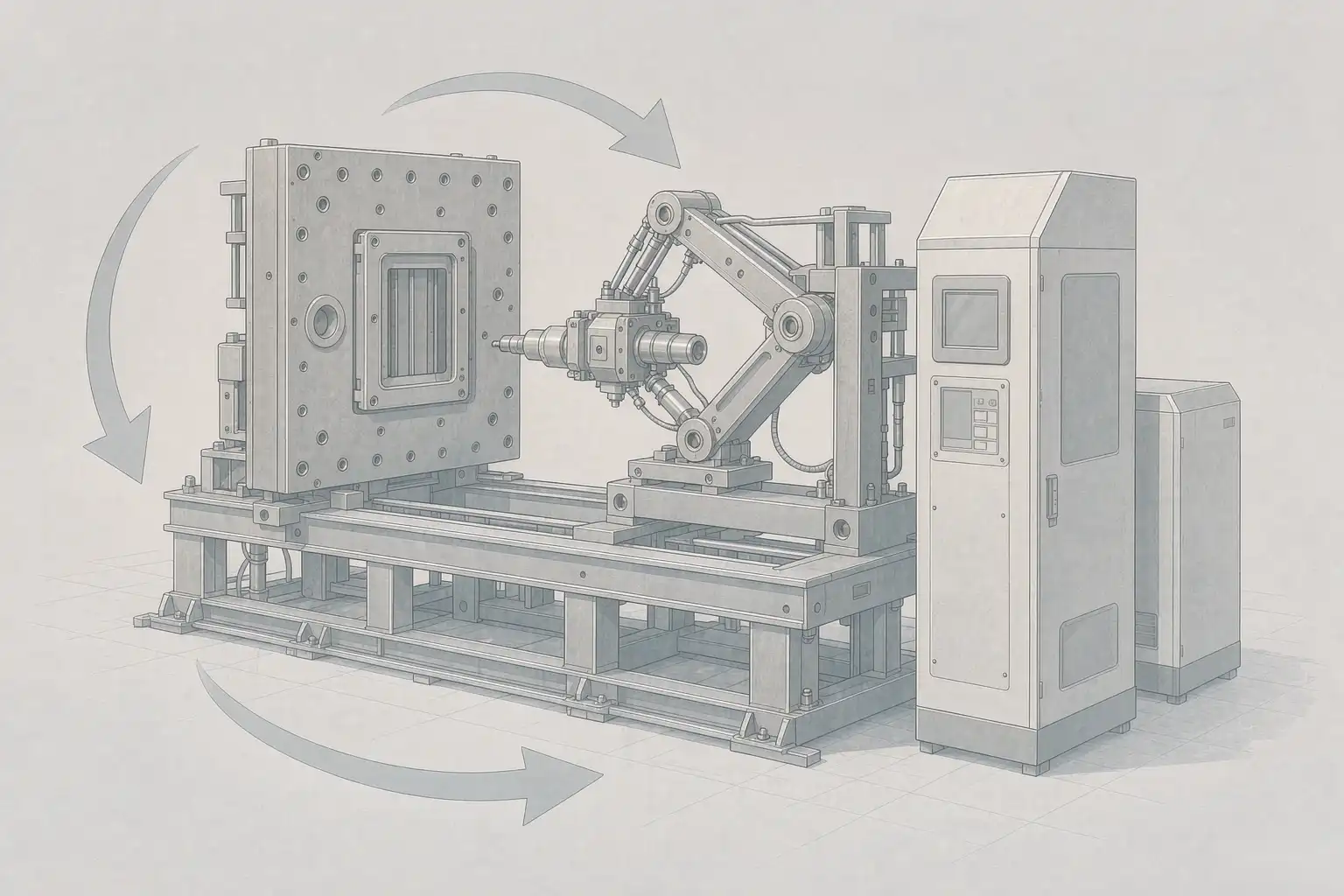 Diagram of an automatic die casting machine highlighting clamp, injection, and control features