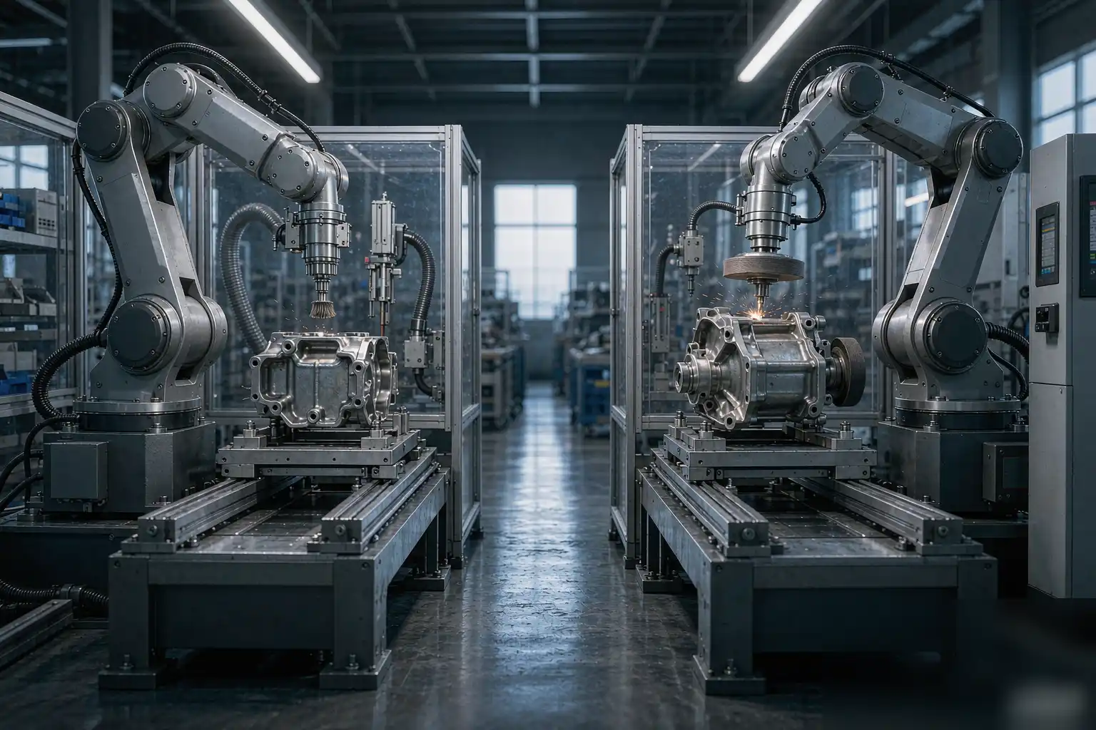 Automated deburring and robotic grinding stations in a finishing shop