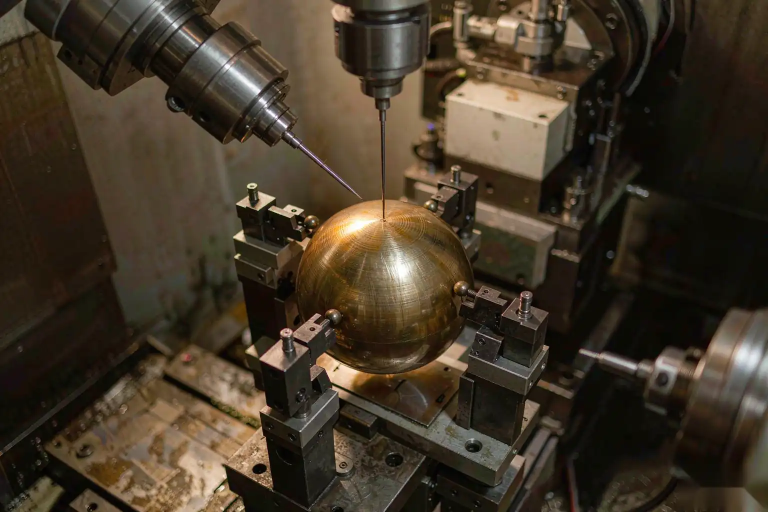 Robotic grinding cell finishing a brass ball valve sphere to a precise sealing surface