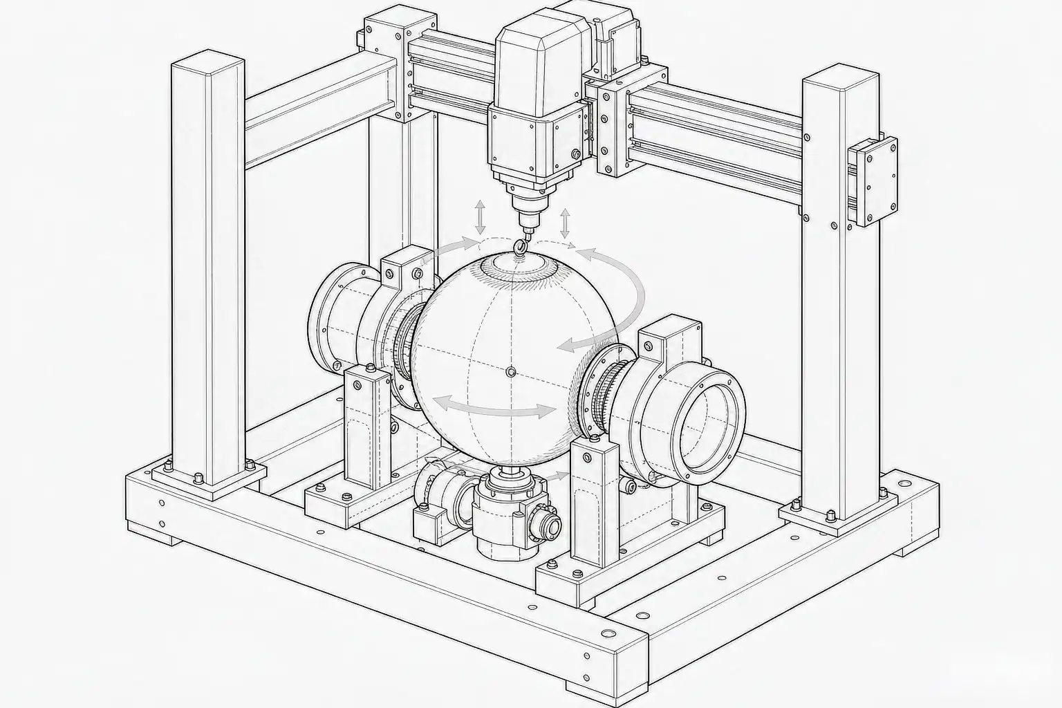 Diagram of a robotic grinding cell rotating a ball valve sphere against a controlled spindle to a round seal surface