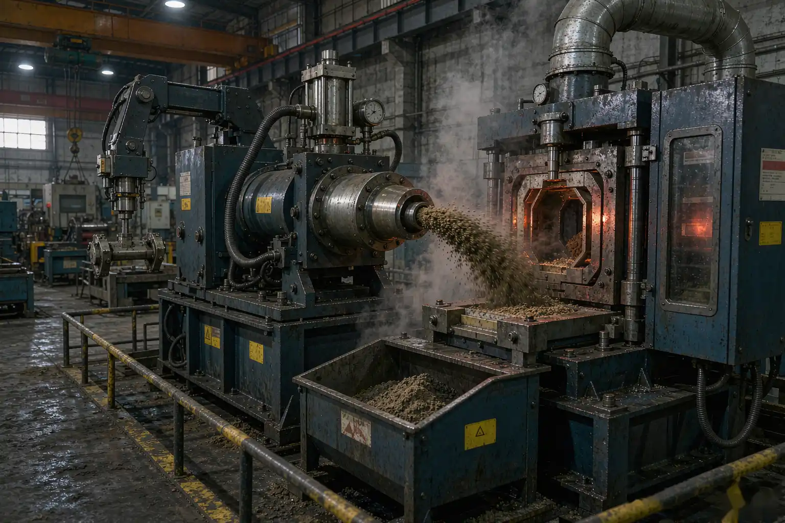 Automatic core shooting machine blowing sand and binder into a heated core box in a foundry