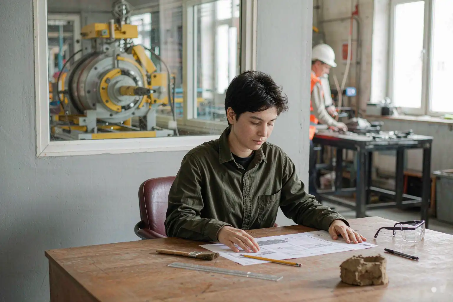 Engineer reviewing a quotation for a core shooting machine with binder process options in a foundry office