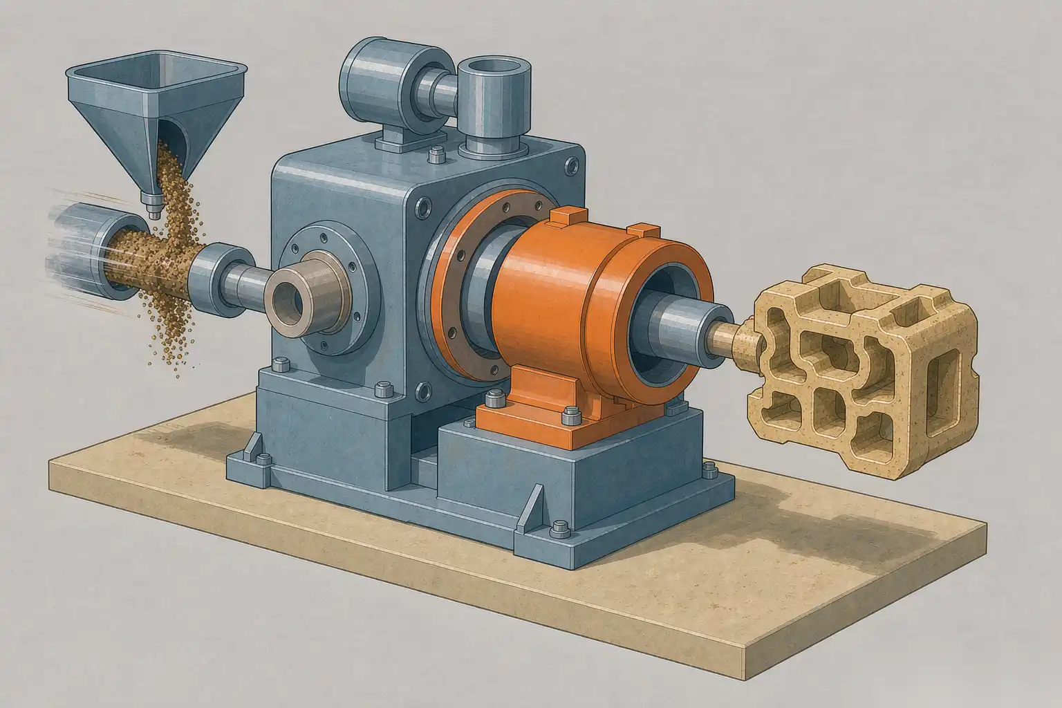 Diagram of a core shooting machine blowing sand binder into a heated core box and ejecting a cured sand core