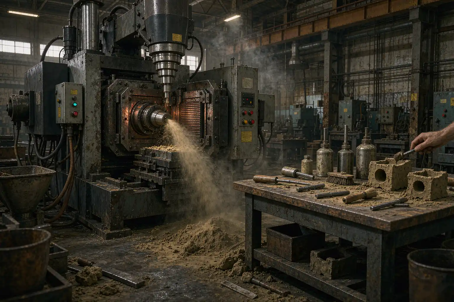 Automatic core shooting machine beside a manual coremaking bench in a foundry