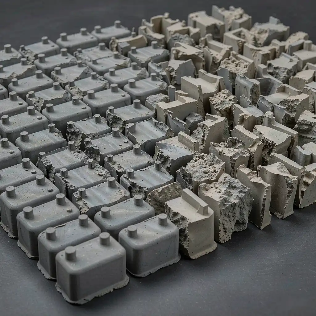 Cured sand cores produced by an automatic shooter next to hand-rammed cores on a foundry bench