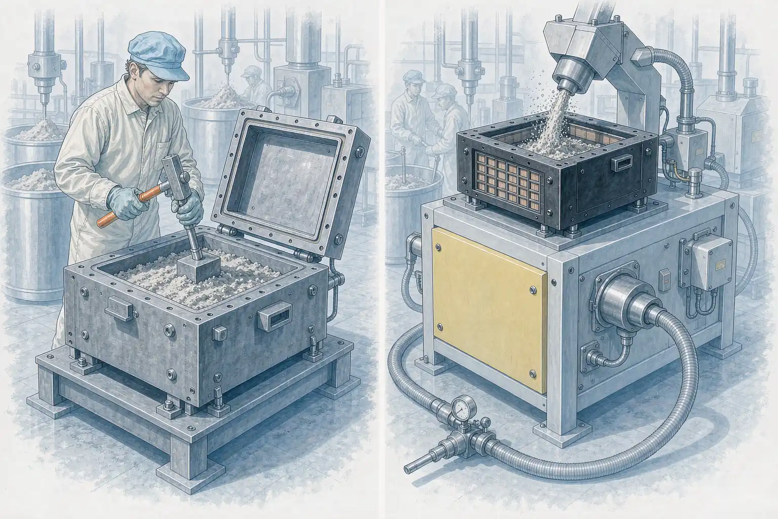 Side-by-side comparison of manual sand ramming versus automatic core shooting into a core box