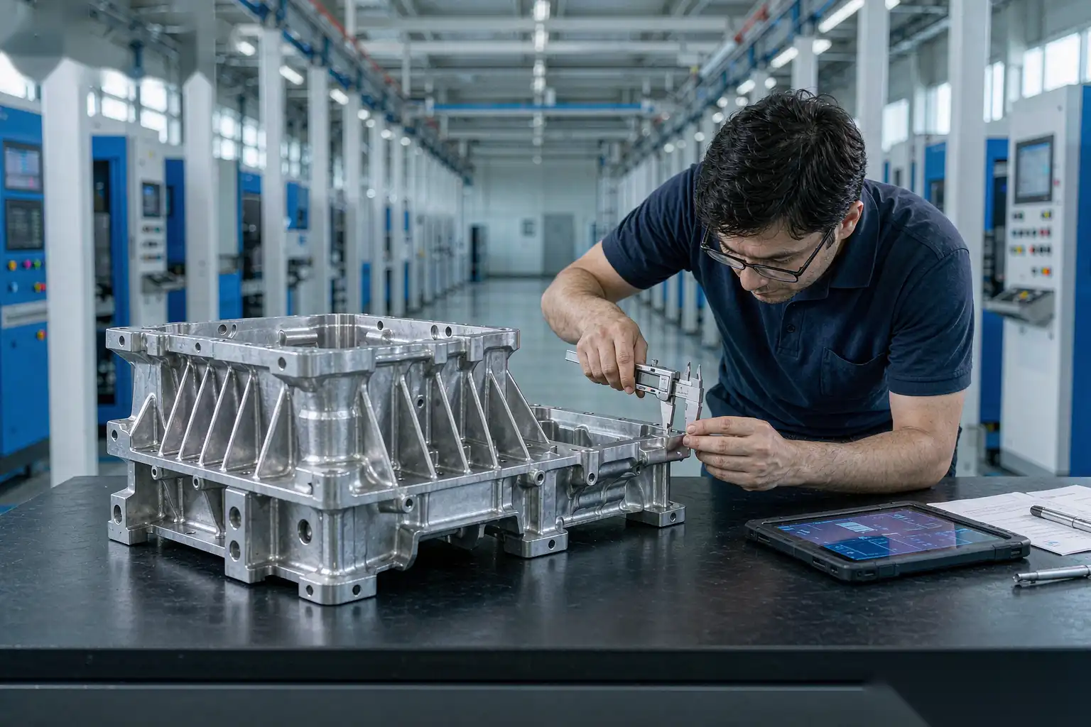 Engineer inspecting a large custom aluminum die casting