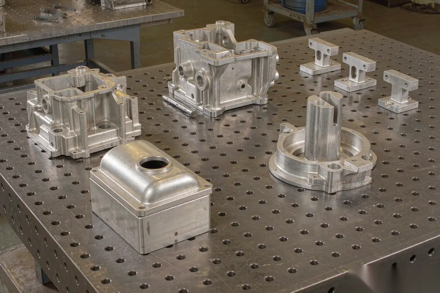 Custom aluminum die casting sample parts in a quality control lab