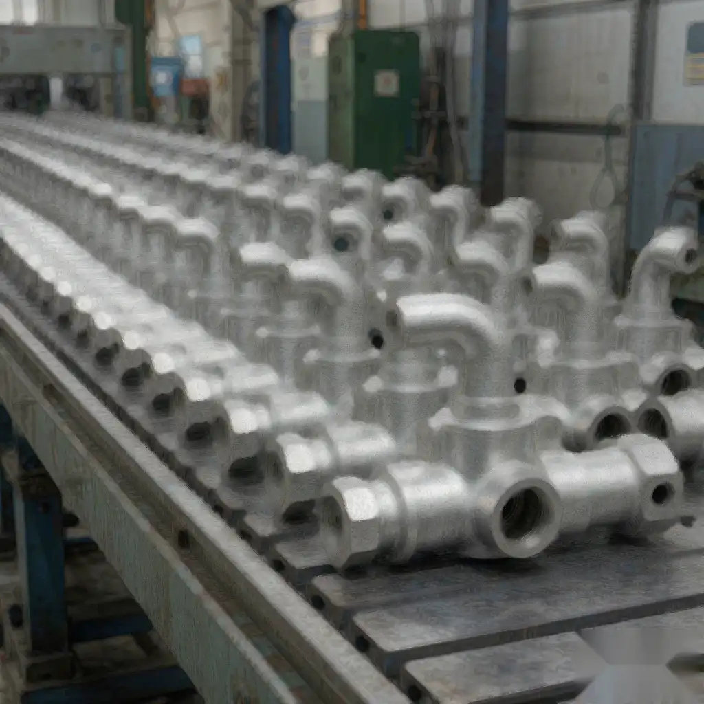 Row of identical die cast aluminum faucet bodies on a conveyor showing consistent quality