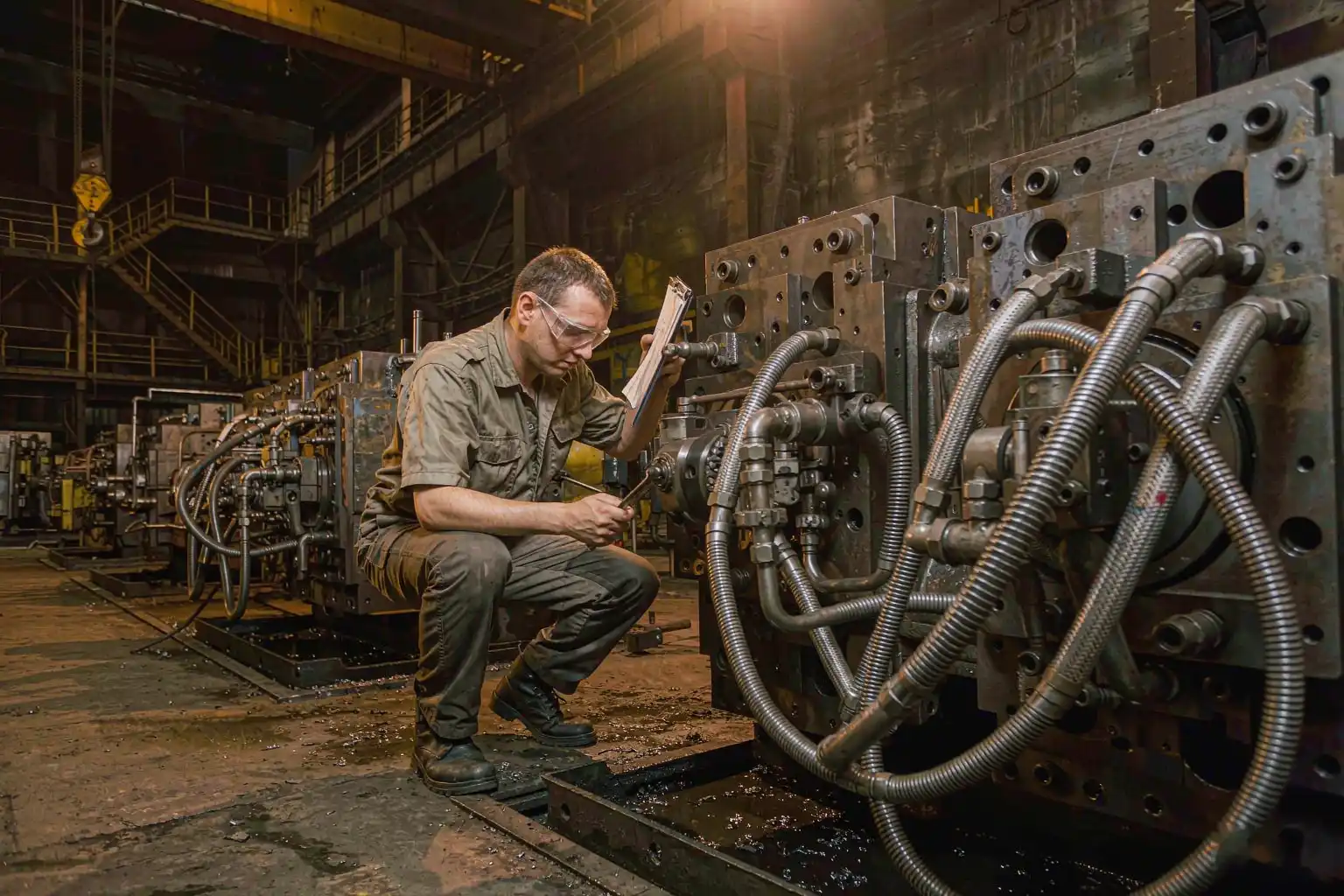 Technician inspecting a die casting machine platen and cooling lines during preventive maintenance