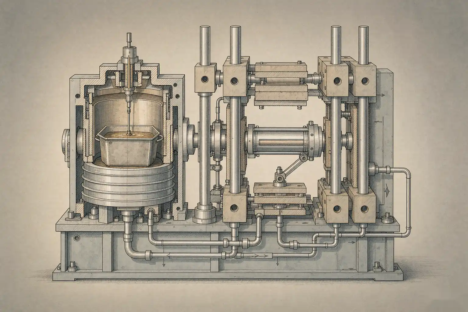 Cutaway view of a die casting machine showing furnace, clamp, and cooling circuit for maintenance