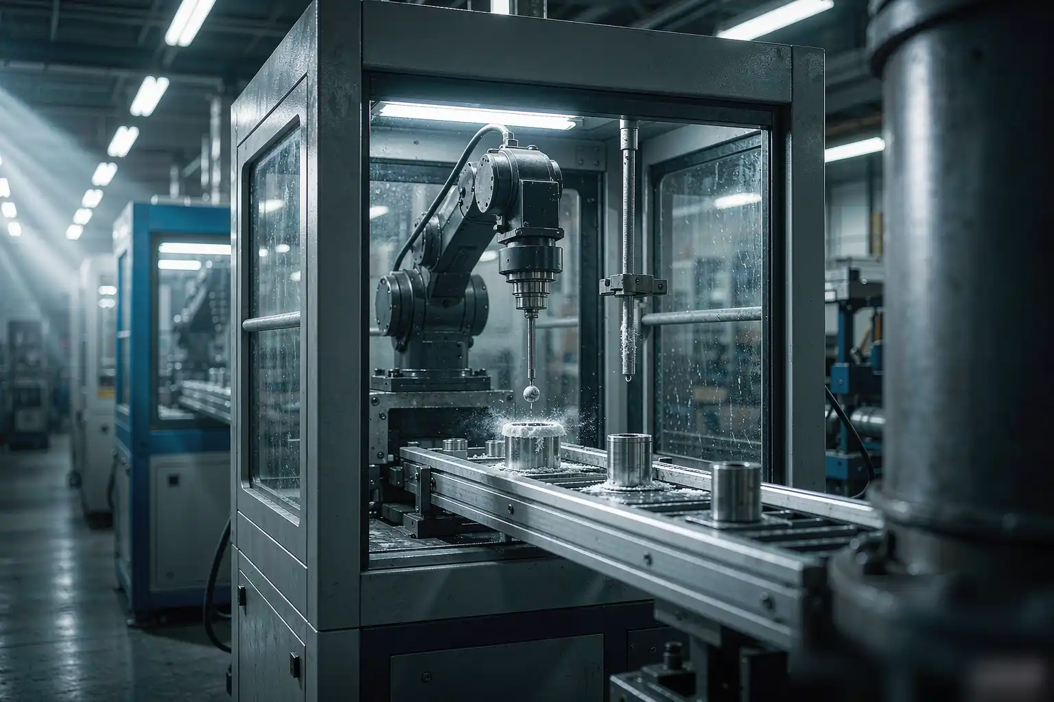 Enclosed automatic deburring machine installed on a shop floor